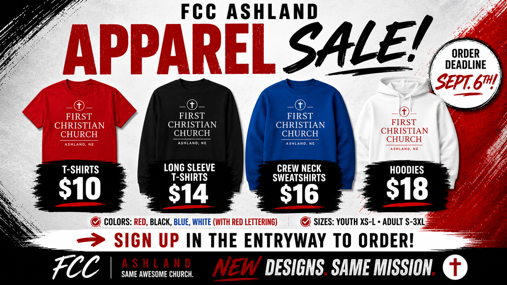 FCC Ashland T-shirt and hoodie sale. T-shirts $12, hoodies $15, various colors available.